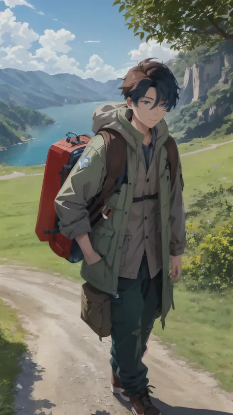 "A young man with short brown hair and blue eyes, wearing a tan hiking jacket, green cargo shorts, and brown hiking boots, stands on a grassy hill overlooking a valley. He has a green backpack on and his hands are in his pockets. The valley below is filled...