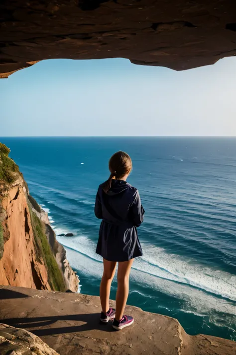   A girl is standing on the edge of a cliff ,  looking at the sea talking to ghosts.