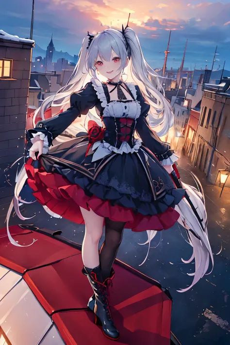 (((Top quality ultra detailed,Unity 8K))),Twin Drilling , Emerald Eyes ,Pose,blazers:1.1 ( gothic lolita:1.2),, short bang, lace up boots,  long silver hair , Twin Tails,knife,lick，Red lips, Look Down, ((Stand on the roof of a :1.3)), Look Down,smile,full ...