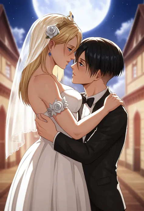 score_9, score_8_up, score_7_up, BREAK source_anime, historia reiss, blue eyes, blonde hair, long hair, medium breasts,Historia  beautiful wedding dress white,female black hair soldier with historia,Mikasa with historia are married ,mikasa wreanig black tu...