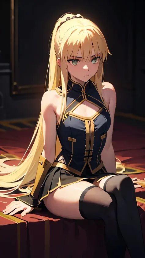 aesthetic, bohemian, realistic, saber from Fate, long hair ,black mini-skirt, yellow clothes, stockings, skinny fit, sitting emo pose, Dark world, Dark fantasy　, focus on hips, goddess, solo, katana