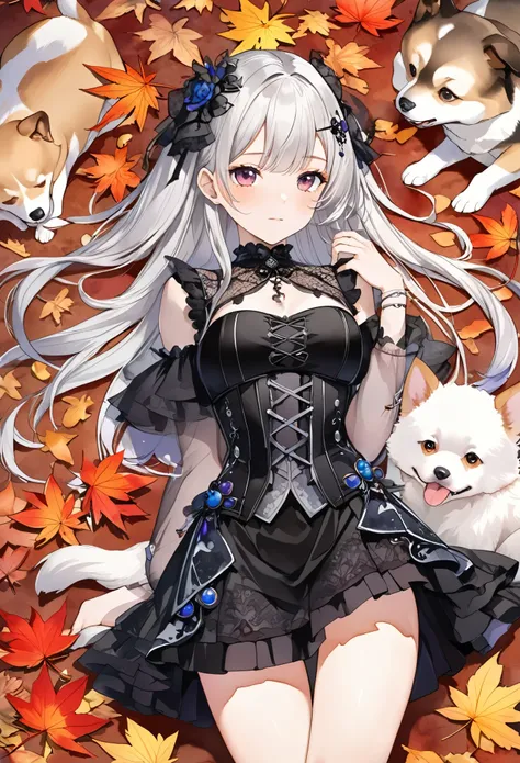 (((nsfw))), ((( My ass sticking out over fallen leaves  )))  ,(((watercolor)))、(((  Dog Style  ))),  (((gothic ))), she was adorned with hair accessories、, Straight Silver Hair..Super mini skirt with frills, sheの表情は自然だ,    calm expression   . she is wearin...