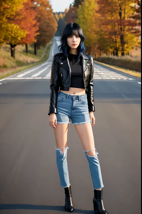 realistic photo. High, lean girl, 30 years, black wavy hair, haircut with short side bangs, Straight nose, The lips are thin, The eyes are black, The chest is flat, black leather jacket, blue jeans, Black strap, white top, standing on the road, looking int...