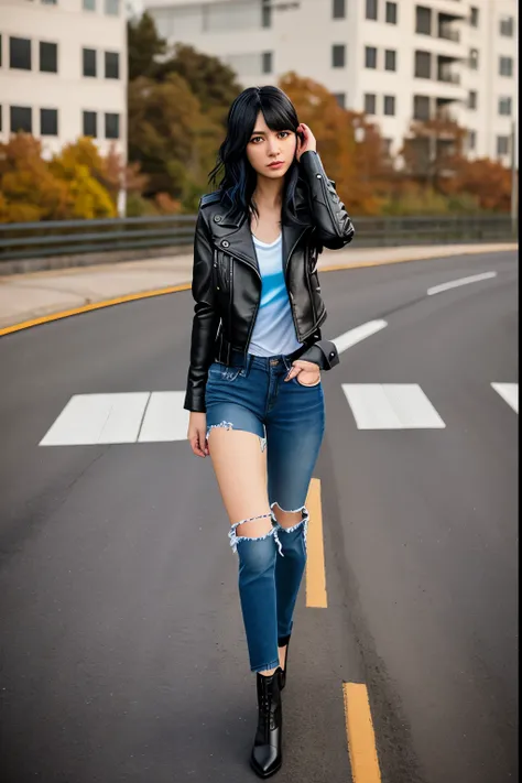 realistic photo. High, lean girl, 30 years, black wavy hair, haircut with short side bangs, Straight nose, The lips are thin, The eyes are black, The chest is flat, black leather jacket, blue jeans, Black strap, white top, standing on the road, looking int...