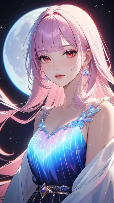 masterpiece,  best quality :1.3,  1girl, moon dress,  giant girl  , floating,space ,moon , holding moon ,  detailed face ,  red eyes , beautiful lips,  drawn in detail ,   long lashes , delicate facial features,   expressive face  ,  detailed skin texture ...