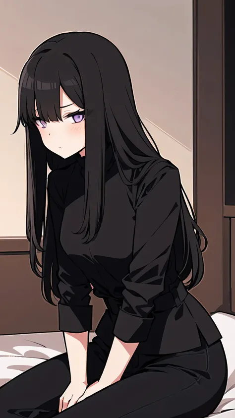  A goth girl sits alone in a dimly lit bedroom , her melancholic expression accentuated by the gloomy atmosphere ,  her outfit consists of a black blouse soaked black pants that amplify the air of desolation.  Long locks of black hair fall over one of her ...