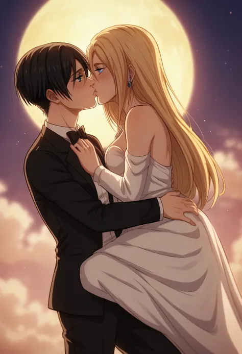 score_9, score_8_up, score_7_up, BREAK source_anime, historia reiss, blue eyes, blonde hair, long hair, medium breasts,Historia  beautiful wedding dress white,female black hair soldier with historia,Mikasa with historia are married ,mikasa wreanig black tu...