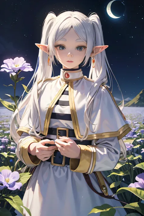 a beautiful detailed elf girl with long hair in twintails, pointed ears, wearing a white capelet, long sleeves, parted bangs, dress with a belt, holding a flower, floating in a moonlit flower field, blue flowers, viewed from above