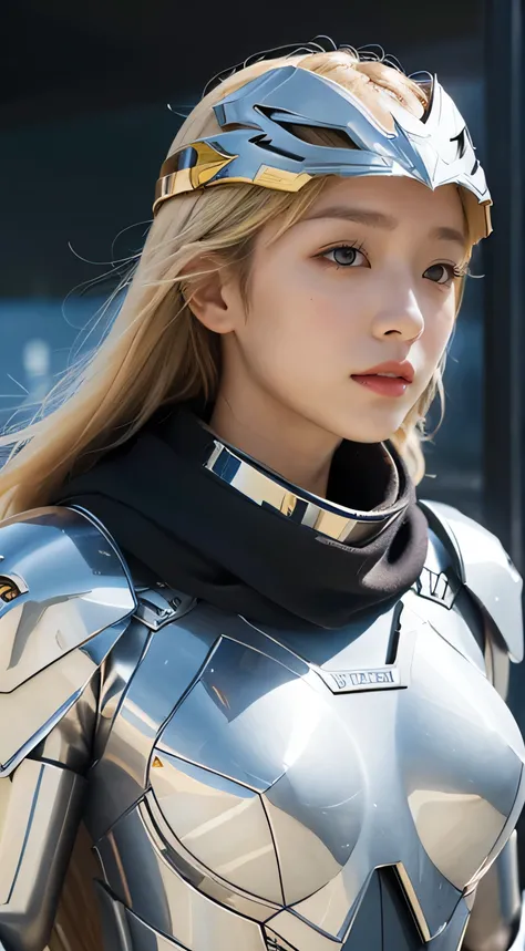 (((masterpiece))),,Best Quality, photograph, Earth, water,,wind,space, 1 girl , blond hair,Beautiful Mecha,Shiny Armor,Eagle Helmet, Facial beauty,scarf,paper_cut,nsfw