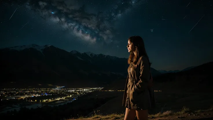 a girl, standing in the valley, night, falling stars,