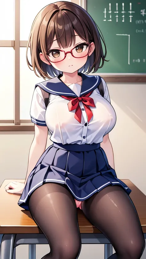 nichijo style、simple、Simple、mischief、Expectations、Shyness、Sit on a chair、School、classroom、Daytime、Cute girl , Steam rises around her, Shooting from below, One Girl, Brown Hair、Very short hair, Brown eyes、Red frame glasses、White blouse, Navy Blue Skirt,  bl...