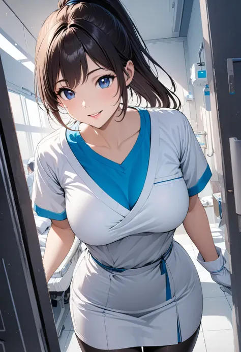 beautiful girl 、age 30、best quality、ultra-precision、detailed drawing、hospital、white doctor clothes 、 blue v-neck shirt 、white sk...