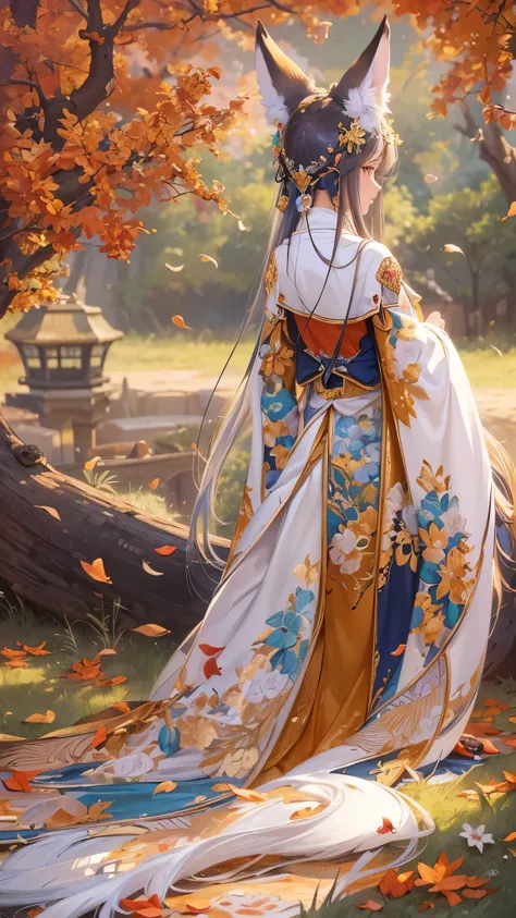 ((Best Quality)),( super high definition),(Super detailed),( detailed explanation),(( best CG )),(masterpiece), Highly Detailed Art ,( Art with precise details :1.5), Fox ears,Fox&#39;s Tail,kimono, Beautiful Woman in Return, autumn leaves, Autumn Fruits ,