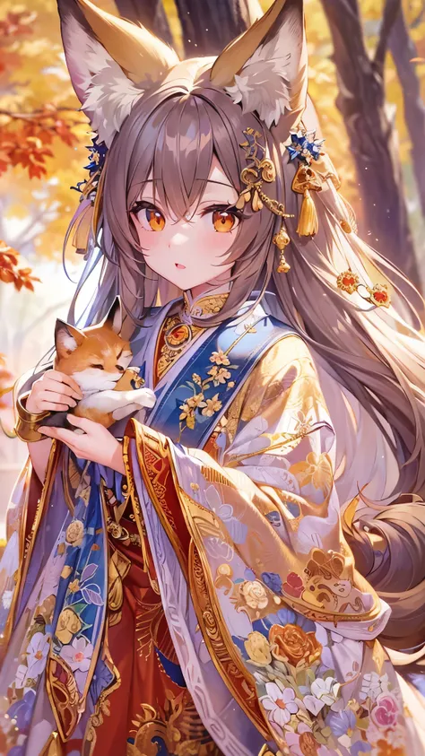 ((Best Quality)),( super high definition),(Super detailed),( detailed explanation),(( best CG )),(masterpiece), Highly Detailed Art ,( Art with precise details :1.5), Fox ears,Fox&#39;s Tail,kimono, Beautiful Woman in Return, autumn leaves, Autumn Fruits ,