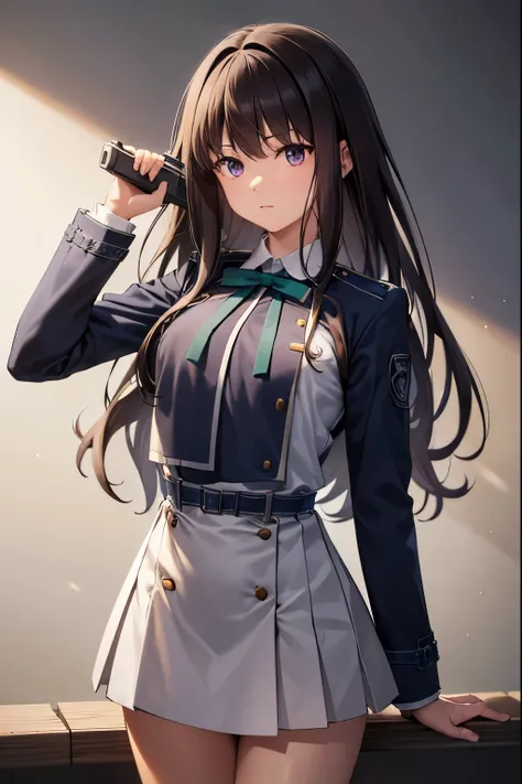 Takiinoue, Takina Inoue, The long-haired, bangss, A dark-haired, (Purple Eye:1.2), break  shirt, long-sleeve, Onepiece, bow ribbon, student clothes, White shirt, shirt with collar, a belt, Neck ribbon, Blue Dress, Green Ribbon, pleated dress, Gradeless, tw...