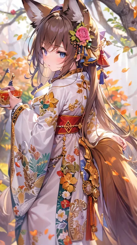 ((Best Quality)),( super high definition),(Super detailed),( detailed explanation),(( best CG )),(masterpiece), Highly Detailed Art ,( Art with precise details :1.5), Fox ears,Fox&#39;s Tail,kimono, Beautiful Woman in Return, autumn leaves, Autumn Fruits ,