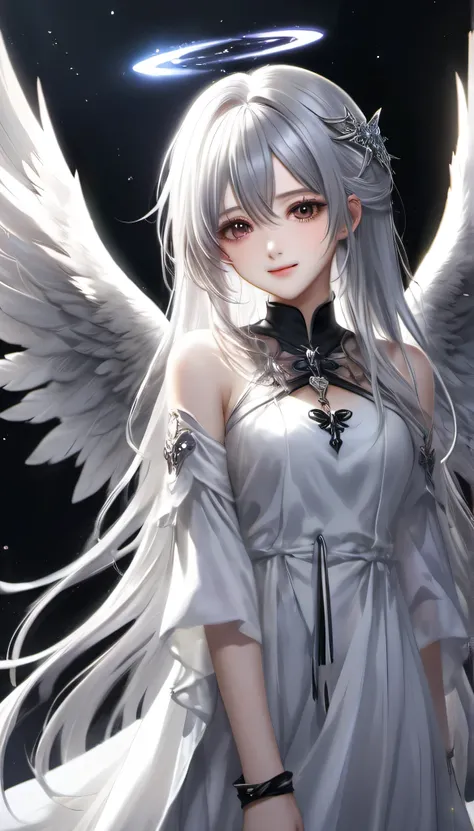  has long flowing silver-white hair 、Please depict it realistically and cinematically。Characters are full of confidence、 standing slightly leaning forward 、 has a mysterious smile 。 enhances the characters mystical, almost supernatural presence, which is r...