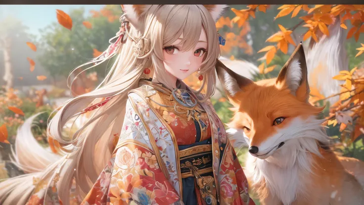 ((Best Quality)),( super high definition),(Super detailed),( detailed explanation),(( best CG )),(masterpiece), Highly Detailed Art ,( Art with precise details :1.5), Fox ears,Fox&#39;s Tail,kimono, Beautiful Woman in Return, autumn leaves, Autumn Fruits ,