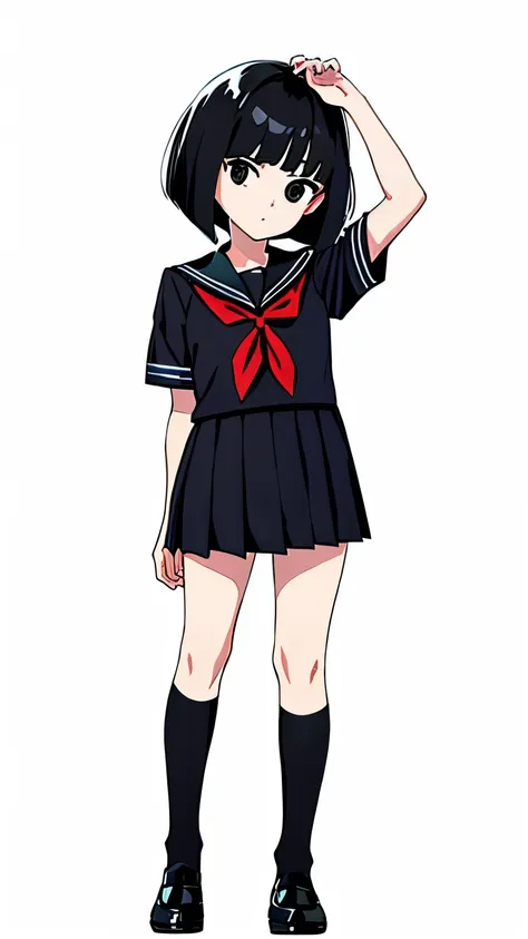 full body, standing, black hair, bob cut, black eyes, black sailor uniform, white background