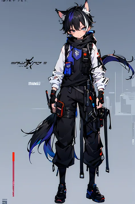 Game CG， 8K quality ，((one boy))，hood ， anime male protagonist ，Wolf ears，Tail，Slim， 8K quality ，((one boy))，hood ， anime male protagonist ，Wolf ears，Tail，，multicolored hair，suffering , Injuried， Headwear ，White Combat Suit ， Black Combat Vest , White Trou...