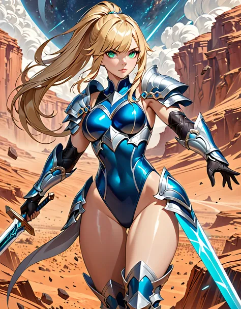 a close up of a woman in a silver and blue leotard, bare legs, blonde hair, long hair, ponytail hair, bangs, light green eyes, detailed fantasy art, stunning character art, fanart best artstation, epic exquisite character art, beautiful armor, extremely de...