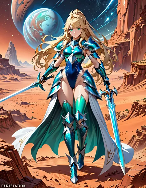 a full body shot, of a woman in a silver and blue leotard, bare legs, blonde hair, long hair, ponytail hair, bangs, light green eyes, detailed fantasy art, stunning character art, fanart best artstation, epic exquisite character art, beautiful armor, extre...