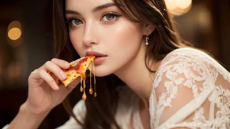 a delicious pizza with luxury toppings, girl eating pizza, detailed food, ultra-detailed, 8k, photorealistic, warm lighting, vibrant colors, beautiful detailed eyes, beautiful detailed lips, extremely detailed face, longeyelashes, intricate textures, soft ...