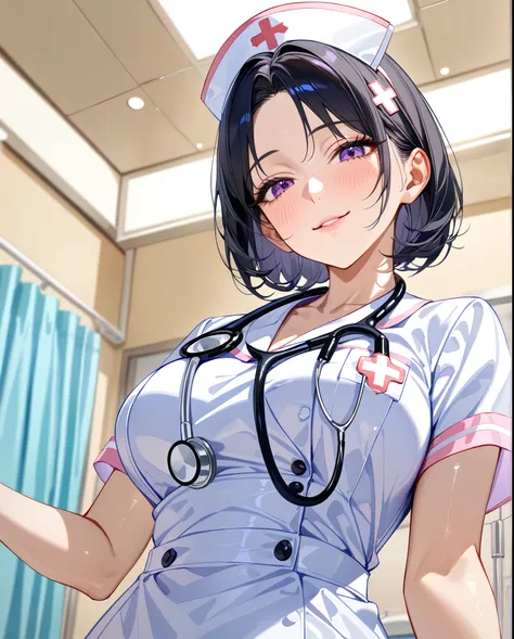 from below, looking down, stethoscope, 🩺, head tilt, light smile, half-closed eyes, blush, beautiful mature female nurse, short ...