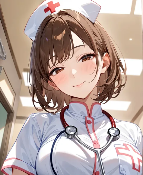 from below, looking down, A stethoscope、🩺、light smile、Half-closed eyes、blush、Beautiful mature nurse woman 、 solo、brown hair medium hair、 brown eyes, nurse costume、Nurse cap、 upper body、A consultation room、hospital、A ward、masterpiece, best quality, ultra de...