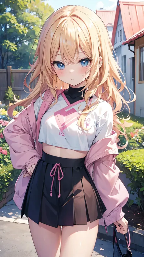  blonde blue-eyed anime girl 、 wearing a pink top 1 girl ,  miniskirt,  skirt flip pose ,   cute pink panties  ,  Shy expression ,  lash drawstring crop top , home garden, Modern Home, sunny,  slightly tousled wavy hair ,  blond hair color palette mix blac...