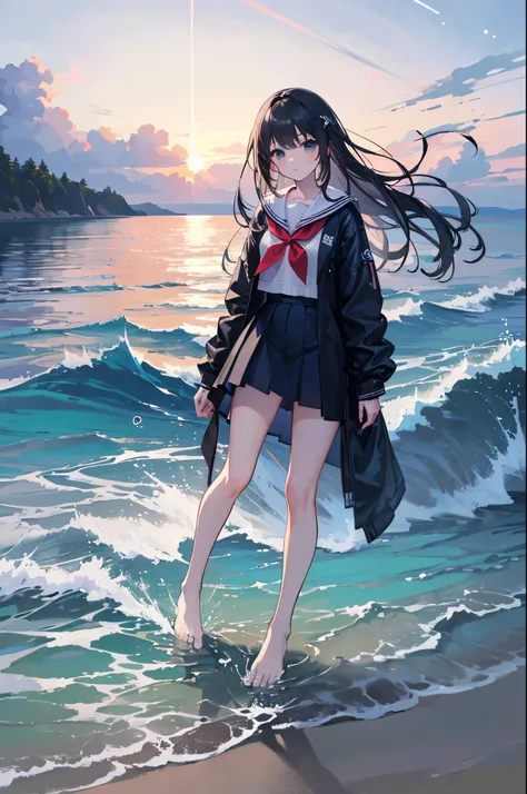 ((masterpiece, Best Quality)), At night, Light clothing,  girl,  put one foot in seawater with only one toe,  girl standing,  girl sideways,  girl between the horizon and the sea,  The , Ripples spread from my toes, The site is about 20 meters away , On th...