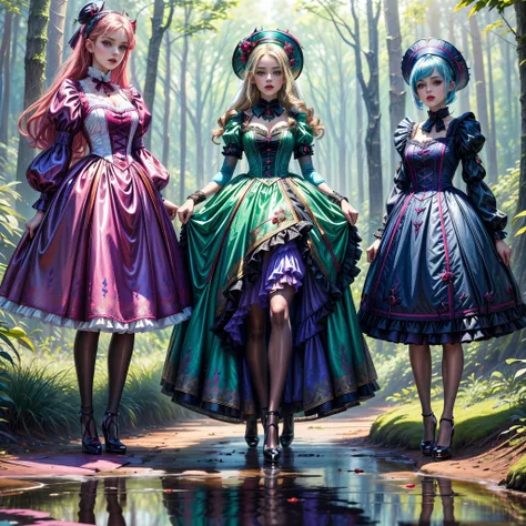 ((full body shot):1.5), a group of women, in elegant Classic Lolita Princess mini Dress,(blue minidress:1.2), ((Standing and posing by a forest lake)), Bimbo, ((vampire style):1.3), (Muticolored:1.4), (Wear dresses of different colors:1.2),Mary Jane shoes ...