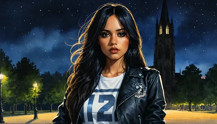 Masterpiece, ultra detailed, portrait, solo, 1girl, ohwx woman, Latina, tanned skin, long hair, black hair, thin and athletic, black eyes, small frekles, wearing a biker black jacket, blue jeans, white crop-top, art by Enki Bilal, watercolor, DeviantArt, h...