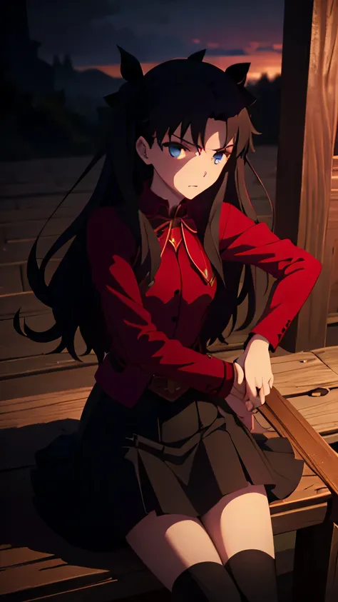 rin tohsaka from fate; aesthetic; bohemian; realistic; skirt; stockings; skinny fit; sitting honor pose; emo; staring on foregro...