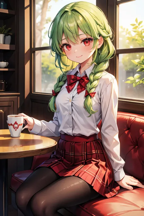 (Nsfw), 1girl, {{hdr}}, {{{masterpiece}}}, 4k, (bloom), detailed background, The girl has light green hair , (((braid hair))), ((red eyes)), {small in stature}, formal school uniform, black blazer, red neck ribbon, red plaid skirt, black pantyhose, cafe, c...