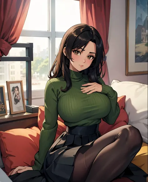 high detailed digital anime art, fine details. anime,8k, masterpiece, hi-resolution, best quality, hi-res, Top Quality, High Quality, High Resolution, woman, black hair, long hair, permed hair, brown eyes, green sweater, black skirt, loose skirt, nylons, c...