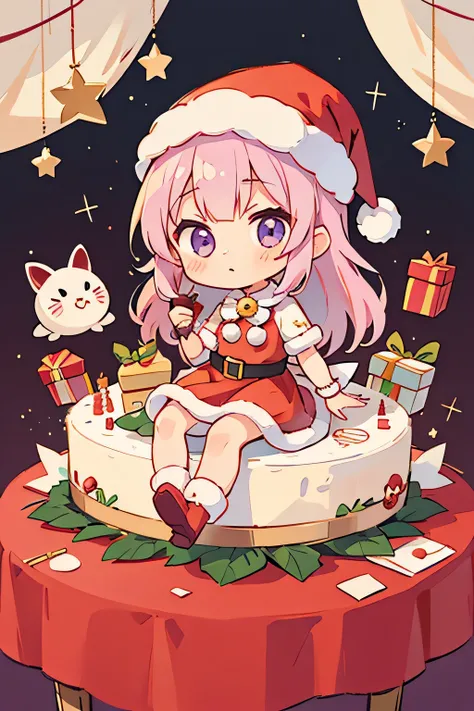 Morikura Yen style , Kawaii Design, The most beautiful girl of all time、 chibi,  Santa Claus in boots ,  Christmas, cake, holiday room