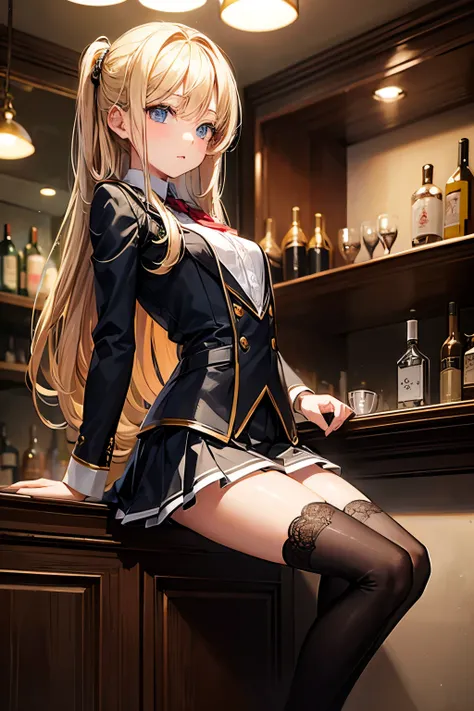 masterpiece,Best Quality, very detailed, Beautiful Girl, teenager,uniform,Formal Wear,Hanging Garden, small breasts, thin waist in an unmanned bar,Blonde, perfect eyes, very cute