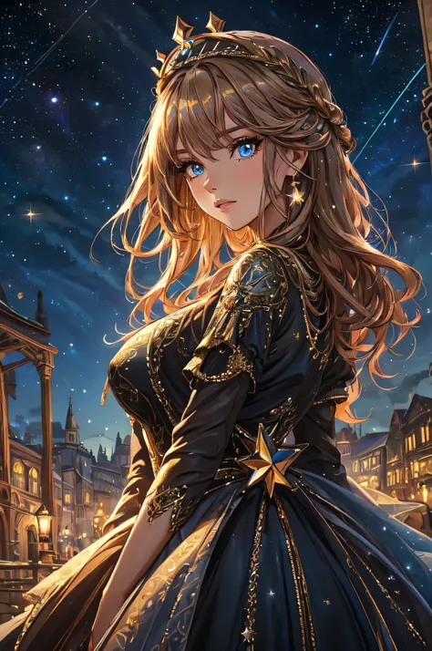 (best quality, 4k, highres, masterpiece:1.2), ultra-detailed, realistic:1.37, HDR, vivid colors, detailed eyes, long eyelashes, woman with a detailed face, big breasts, long detailed dress, full body, shining, an old town background, crowned, dark colors, ...