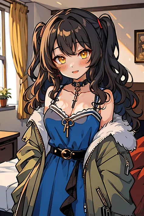 (masterpiece:1.2), (high quality:1.2), (hui xiyi:0.7), rekkyo sensen, rekkyou sensen, girls with((1girl, solo, black hair, yellow eyes, (wavy medium hair, one side up:1.55), blush, breasts, choker, cleavage, coat, cowboy shot, blue rose dress, navy dress, ...