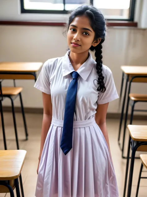 a beautiful cute little school girl in srilanka, detailed white frock, standing in a classroom, cinematic lighting, hyperrealist...