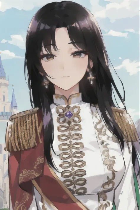 a close up of a woman in a uniform with a castle in the background, beautiful androgynous prince, ((a beautiful fantasy empress)), delicate androgynous prince, kazakh empress, sakimi chan, inspired by Li Chevalier, a beautiful fantasy empress, inspired by ...