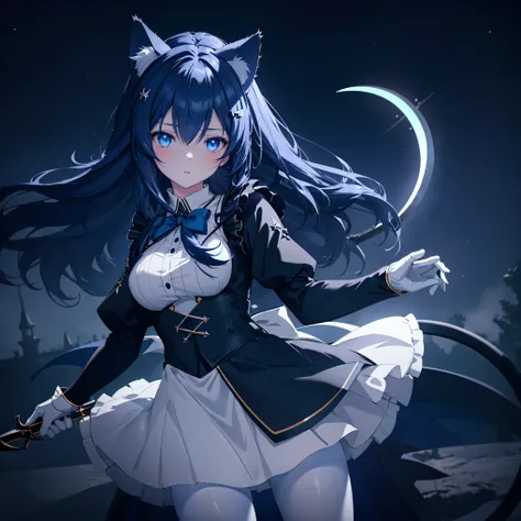 a beautiful anime girl with dark blue long hair, cat ears, wearing a short maid dress, white gloves, white pantyhose, holding a giant magical sickle, in a night sky, highly detailed, photorealistic, 8k, intricate details, dramatic lighting, cinematic, mood...