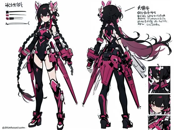 "Create a detailed character design sheet in an anime-inspired art style like the reference image. The design should include front, side, and back views of a futuristic floral warrior with the following details:

Appearance:
A sleek and modern outfit that ...