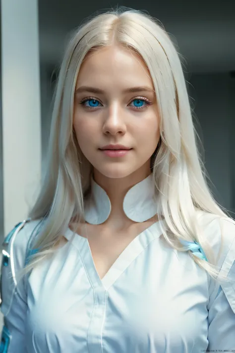 a beautiful girl, long white hair, sky blue eyes, white and light blue futuristic suit, smiling, at school, detailed face, detailed eyes, detailed lips, elegant, graceful, serene, peaceful, (best quality,4k,8k,highres,masterpiece:1.2),ultra-detailed,(reali...