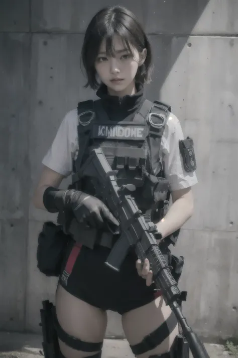 ((Best Quality, 8K, Masterpiece: 1.3)), ((best quality)), photorealistic, photorealism, Photorealistic, high resolution, 1girl aiming with an ak-47 assault rifle, Combat pose, looking at the camera, (Detailed face), short hair, (wearing red rubber suit, ta...