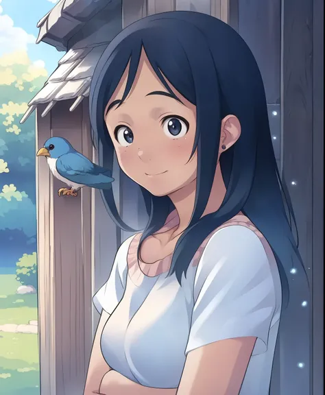 (masterpiece、Best Quality、Best Quality、 official art、 beautiful and beautiful :1.2)、(One person:1.3),Beautiful breasts, girl、 chicks are sticking their heads out of the birdhouse and begging for food..,Piyopiyo , mother bird is back ,Little Blue Bird:cute...