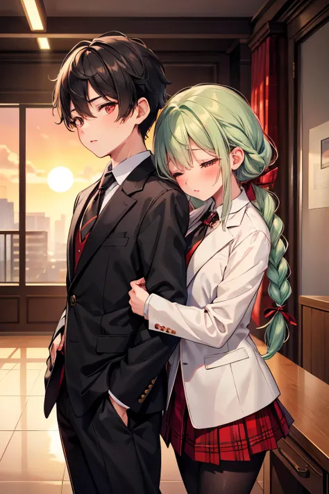 {2characters} 1girl and 1boy, {The girl character has light green braid hair, red eyes, small in stature, wearing formal school uniform(black blazer with red neck ribbon with red plaid skirt with see-through black pantyhose), she is looking to boy’s eyes w...