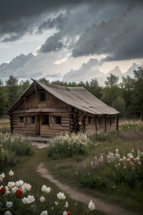 a wooden hut, made of wood, two windows, an outdoor bathroom, a workspace outside, ((medieval hut, old hut, no flowers)), forest...