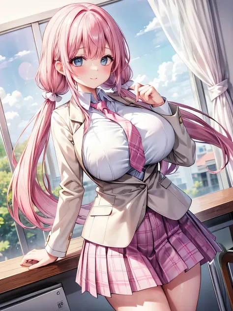 best quality, solo girl,(gigantic breasts:1.2),(pink hair,low twintails:1.4),(big light blue eyes), very happy smile, blush chee...